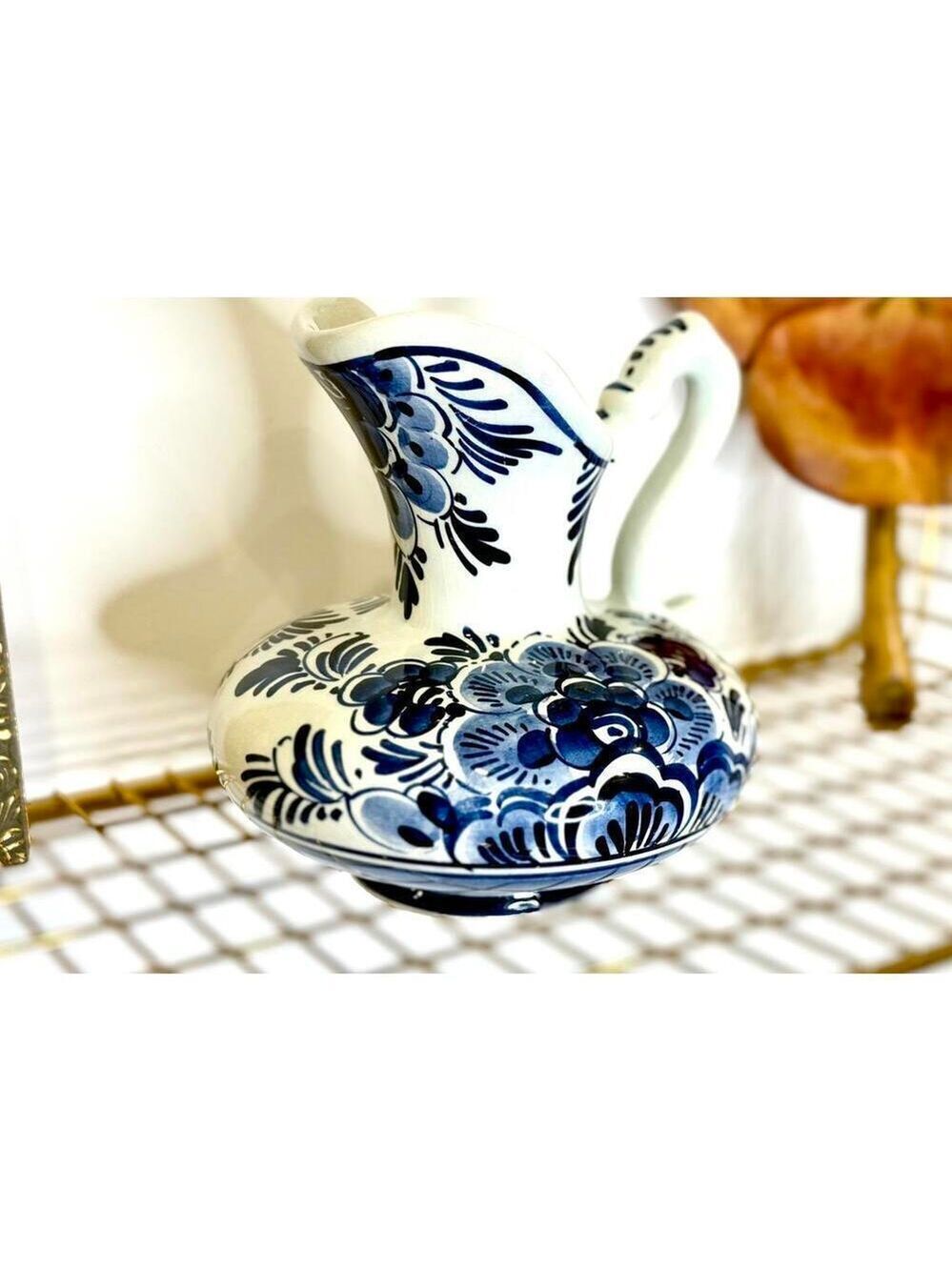 Vintage Delft Holland Hand Painted Pottery Pitcher Jug Blue Floral Netherlands